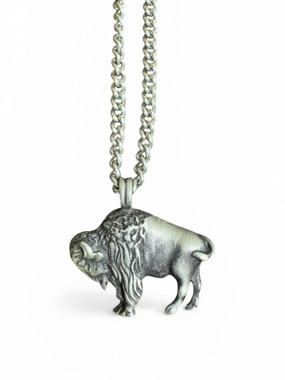 Avon Matte Silver Tone Buffalo Pendant Necklace